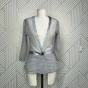 Komarov Gray Ruffle Brooch Crinkle Cardigan Size US Small
